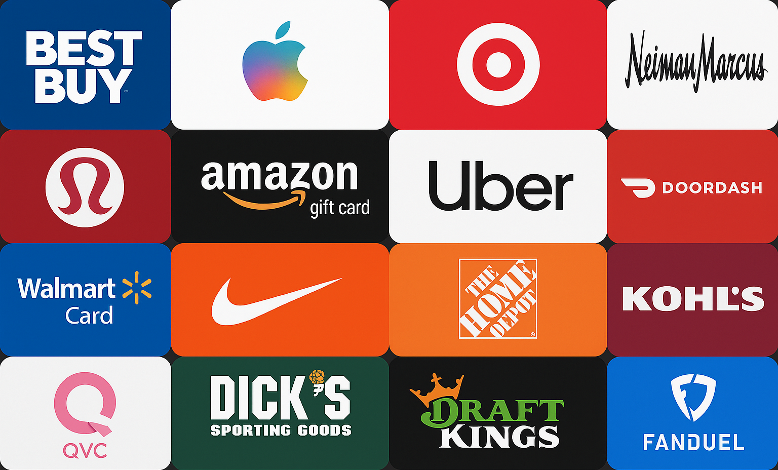 Popular gift card brands including Best Buy, Apple, Target, Amazon, Nike, and more